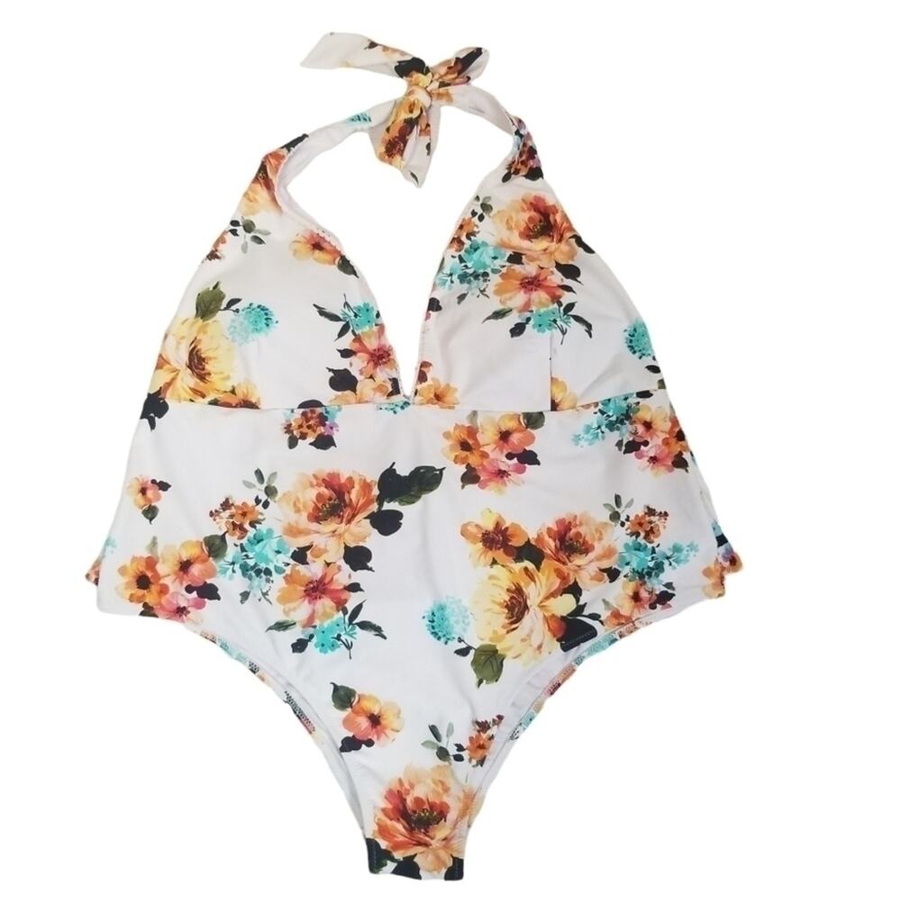 CUPSHE  SZ 3X One Piece Swim Suit NEW Padded Bra White Orange Floral Halter